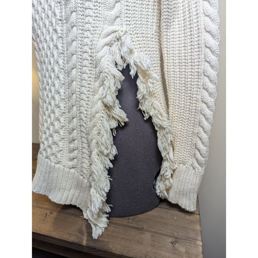 XXS J. CREW Cotton & Wool Sweater - Chunky Cable Knit w/ Slit and Fringe - Picture 3 of 12